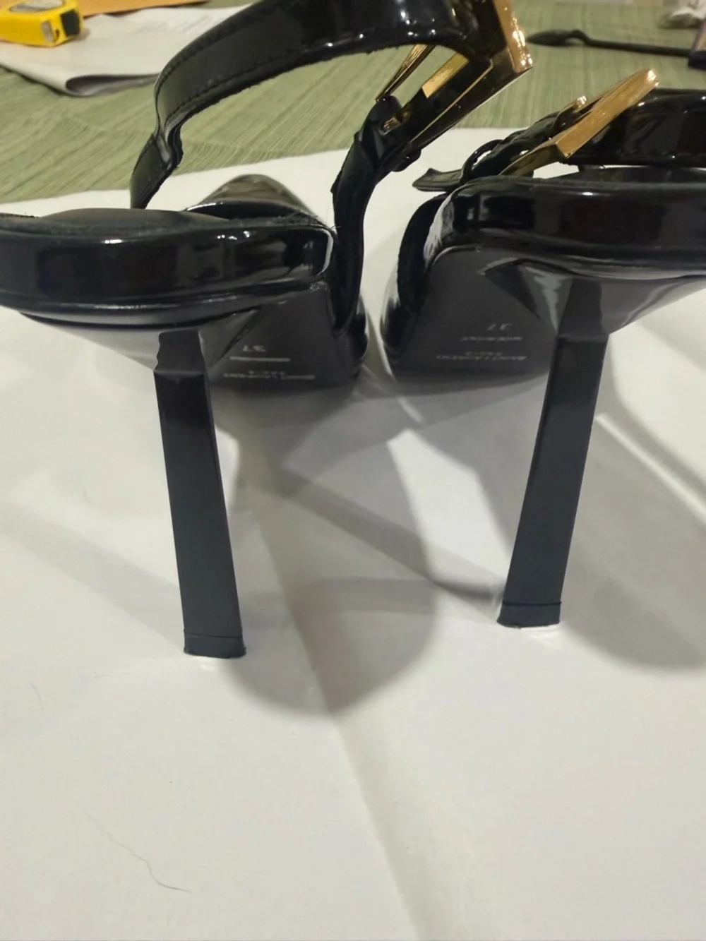 Saint Laurent Black Patent Slingback Pumps with Gold Buckle - Picture 11 of 12
